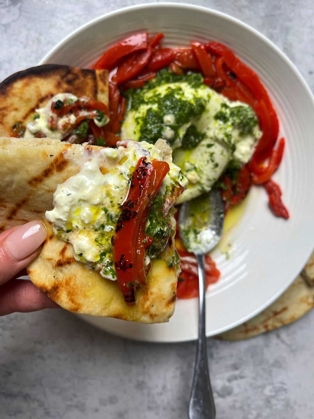 Burrata with Grilled Red Peppers and Chimichurri 