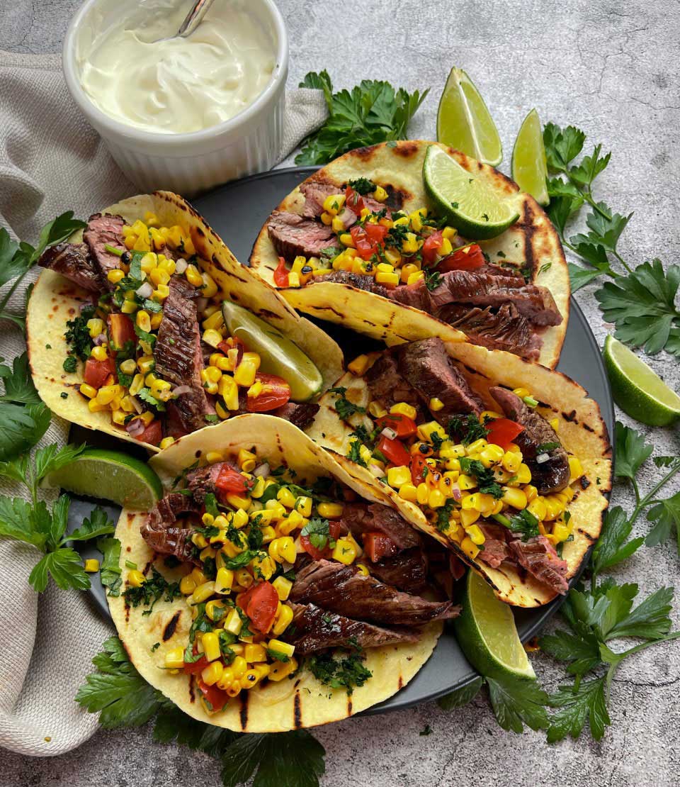 Carne Asado Beef Tacos with Charred Corn and Tomato Salsa